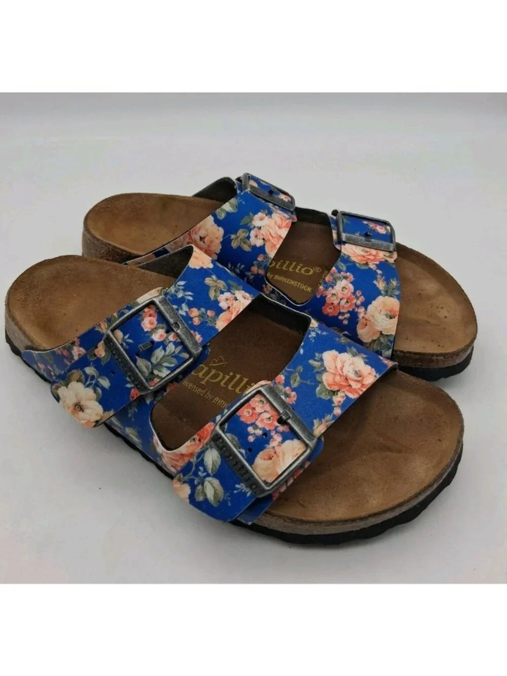 Birkenstock Papillio Arizona Blue Rose Floral Sandals EU 39 US L8 M6 Buckle Boho - Picture 1 of 11
